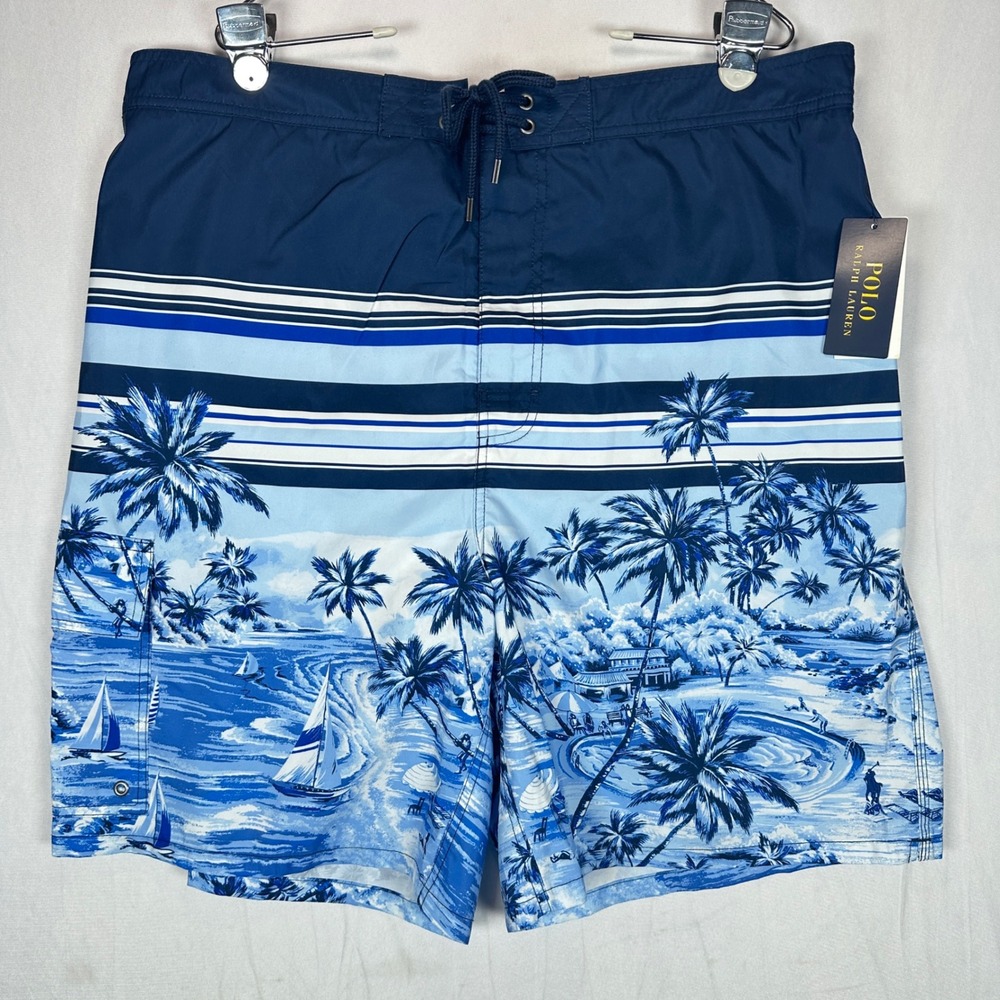 NEW Polo Ralph Lauren Swim Shorts Mens 1XB Big Blue Palms Hawaiian Board Short